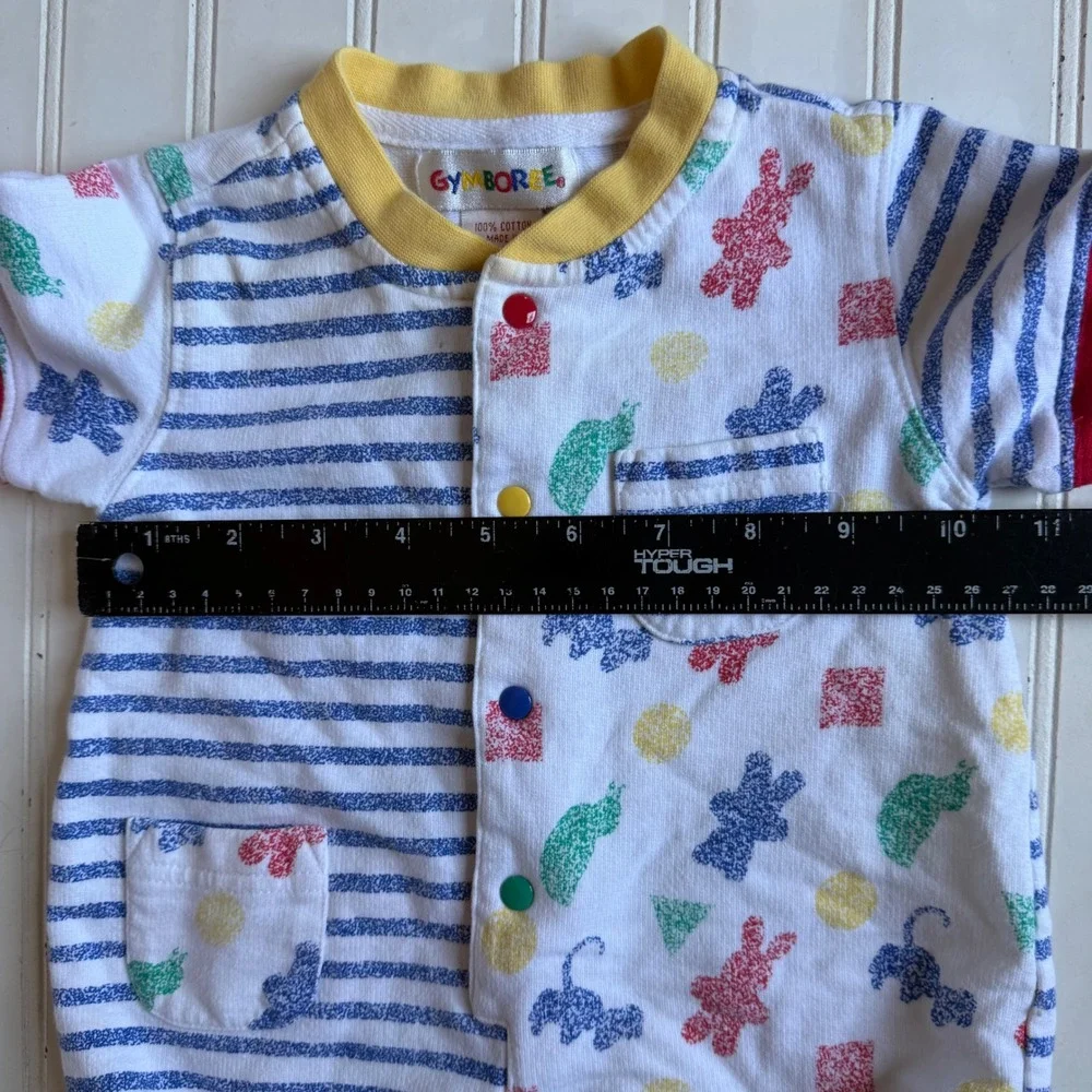 Vintage 90s Gymboree Baby Romper Primary Colors Striped Animal Print 100% Cotton
